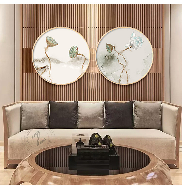 新中式寫意蓮花家佳樂文學(xué)圓形裝飾畫