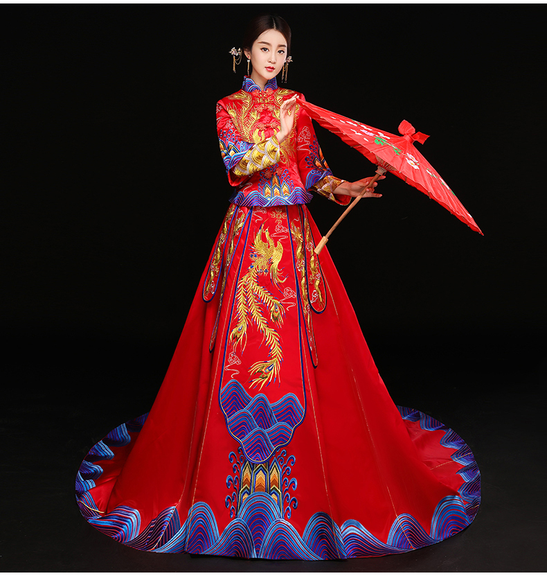 水波紋刺繡中式禮服，奢華拖尾新娘結婚禮服