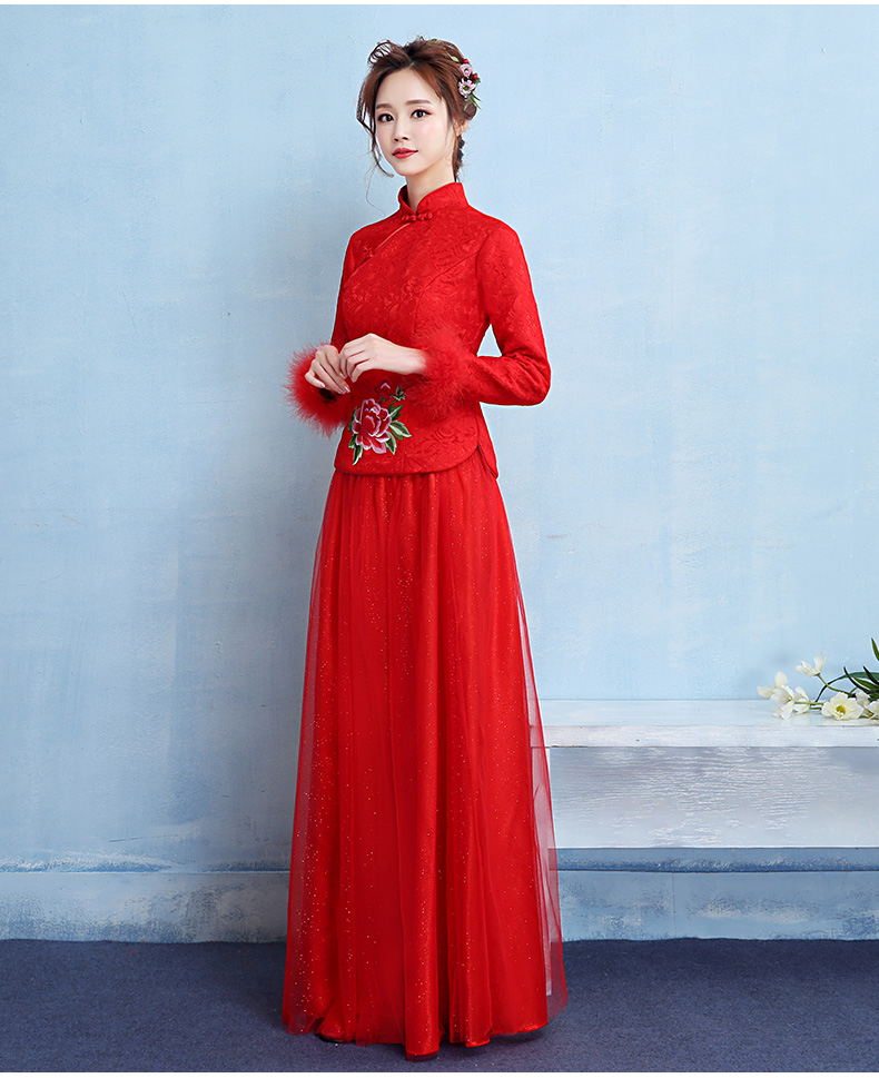 牡丹繡花中式禮服，家佳樂文學(xué)保暖晚禮服