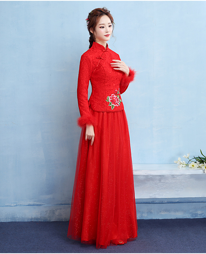 牡丹繡花中式禮服，家佳樂文學(xué)保暖晚禮服