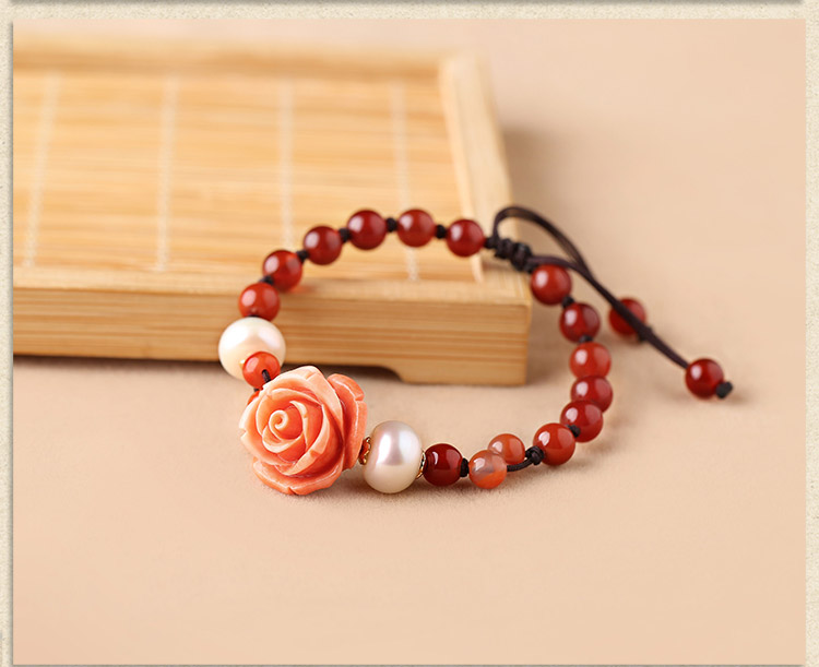 復古文藝瑪瑙花朵紅色手串
