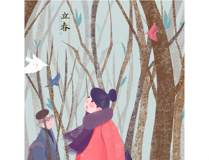 唯美甜蜜24節(jié)氣卡通戀人插畫(huà)