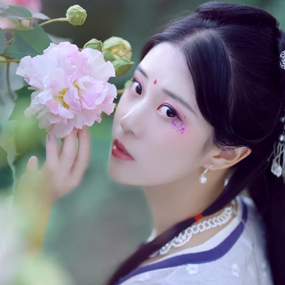 紅花綠葉帶團扇女生頭像，唯美古風(fēng)真人頭像