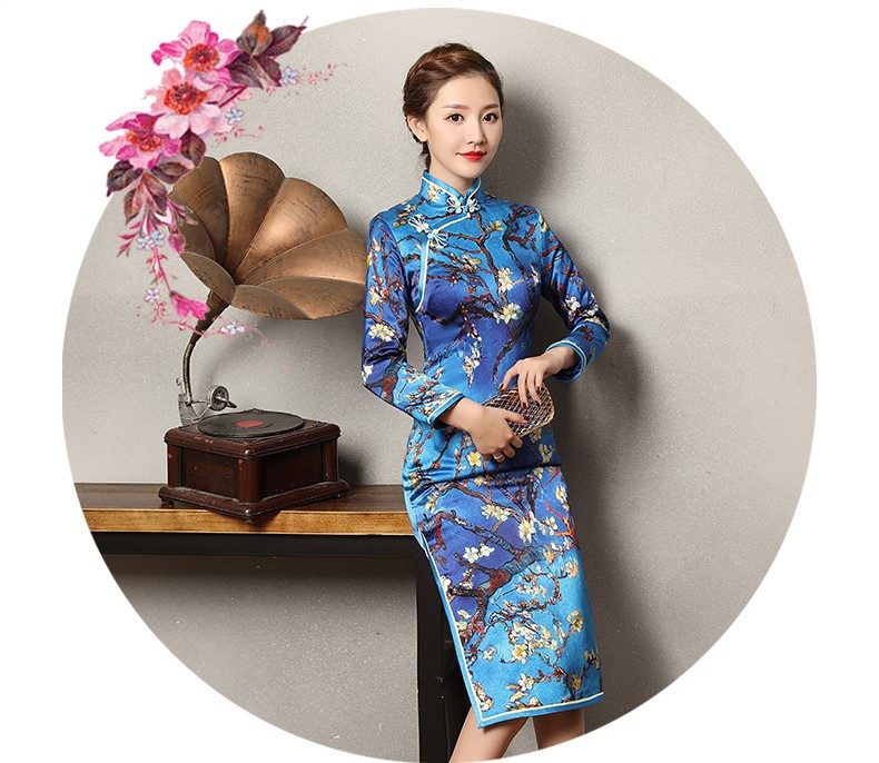 玉蘭枝藍(lán)色旗袍，長(zhǎng)袖蠶絲加厚旗袍裙