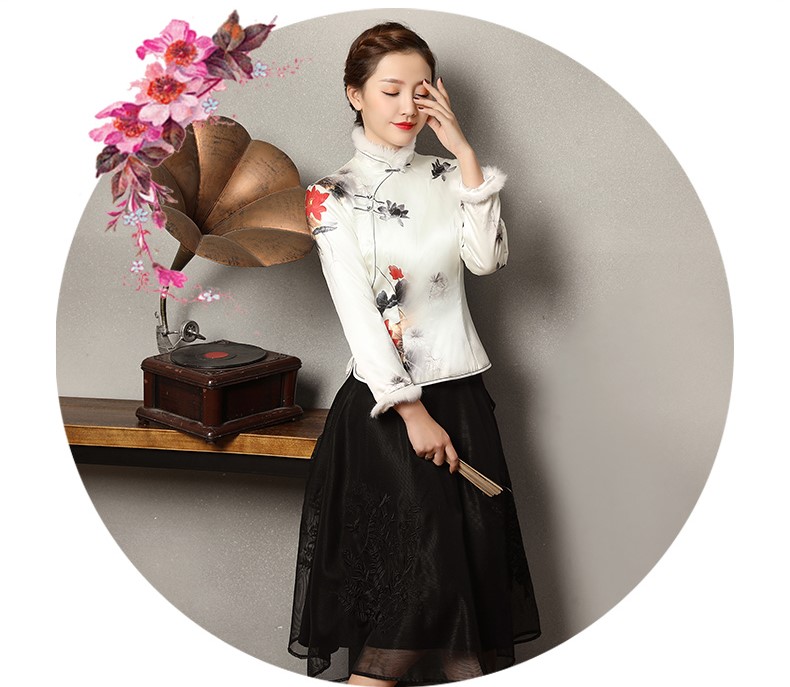 冬語(yǔ)印花復(fù)古加毛女士唐裝