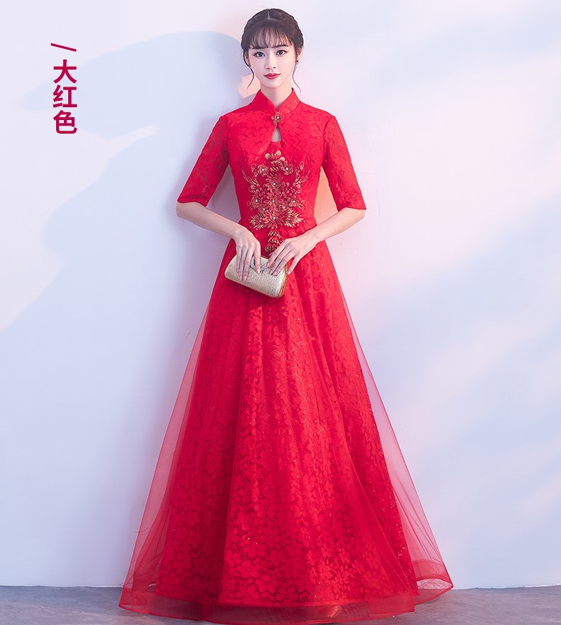 典雅氣質(zhì)中式禮服，網(wǎng)紗蕾絲晚禮服