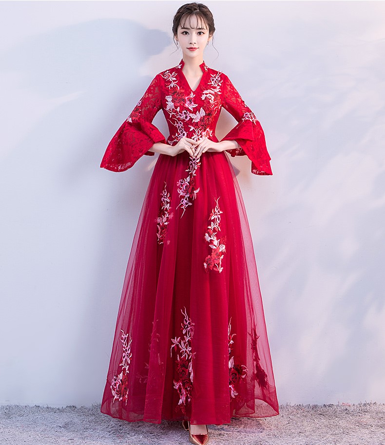時尚喇叭袖中式禮服，性感唯美晚禮服