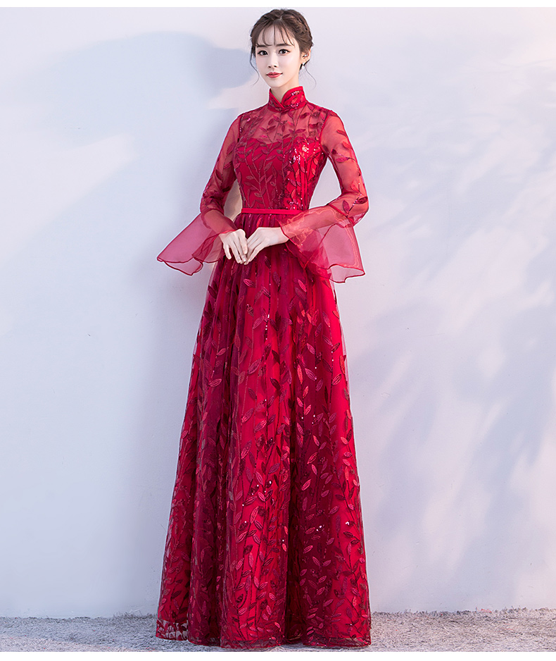 新穎喇叭袖中式禮服，性感鏤空繡花晚禮服
