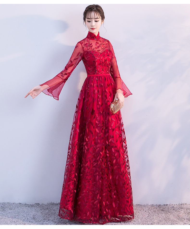 新穎喇叭袖中式禮服，性感鏤空繡花晚禮服