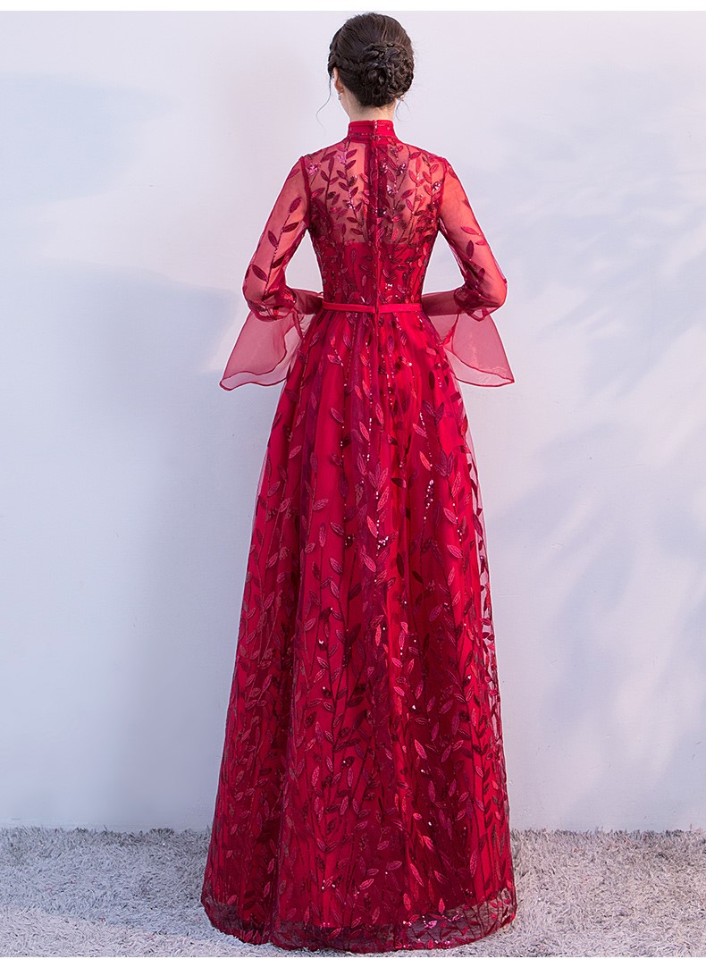 新穎喇叭袖中式禮服，性感鏤空繡花晚禮服