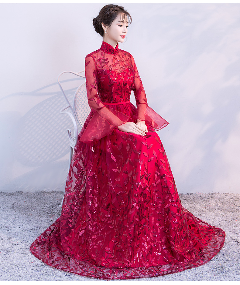 新穎喇叭袖中式禮服，性感鏤空繡花晚禮服