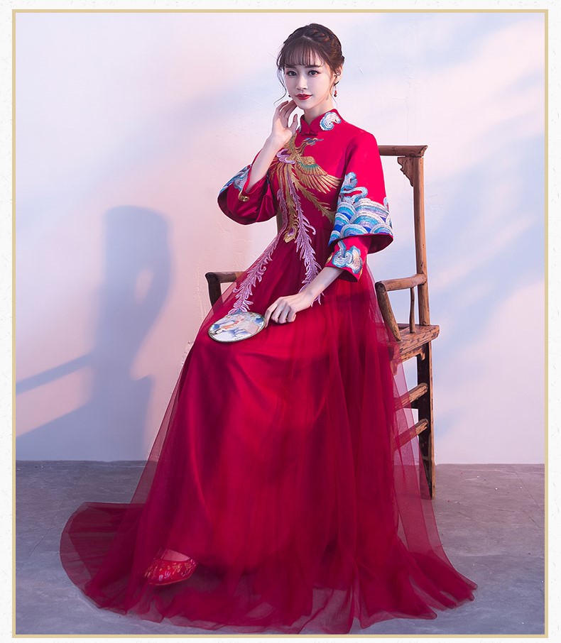 復(fù)古鳳凰刺繡中式禮服，家佳樂(lè)文學(xué)結(jié)婚晚禮服