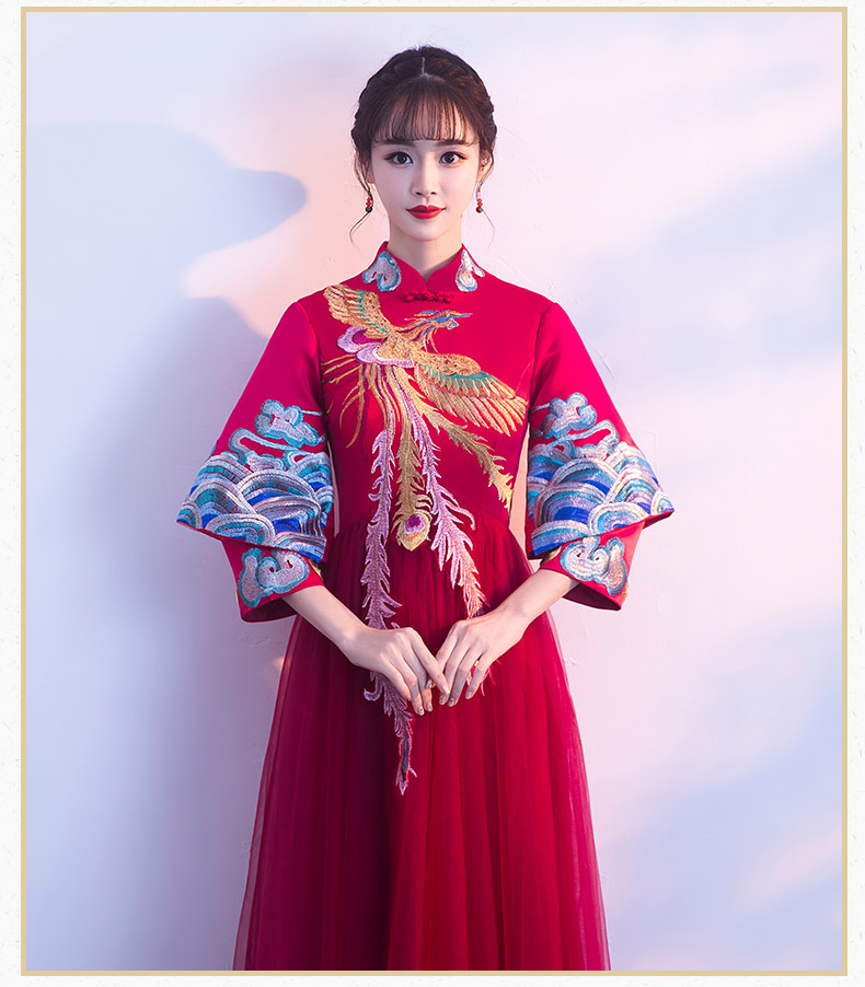 復(fù)古鳳凰刺繡中式禮服，家佳樂(lè)文學(xué)結(jié)婚晚禮服