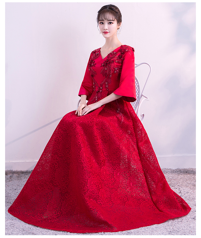 時尚性感V領(lǐng)中式禮服，立體繡花新娘結(jié)婚禮服