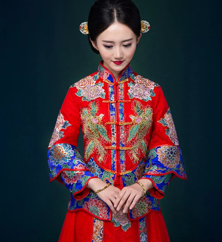 家佳樂(lè)文學(xué)中式禮服，鳳凰刺繡新娘結(jié)婚禮服