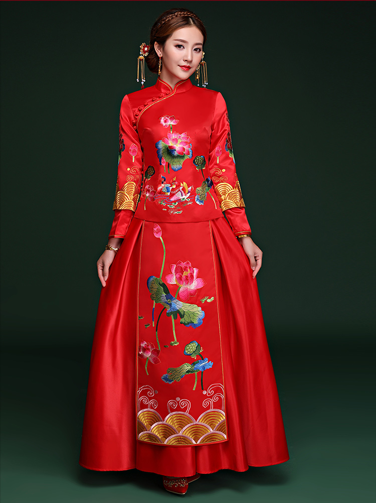 荷塘鴛鴦戲水中式禮服，家佳樂(lè)文學(xué)新娘結(jié)婚禮服