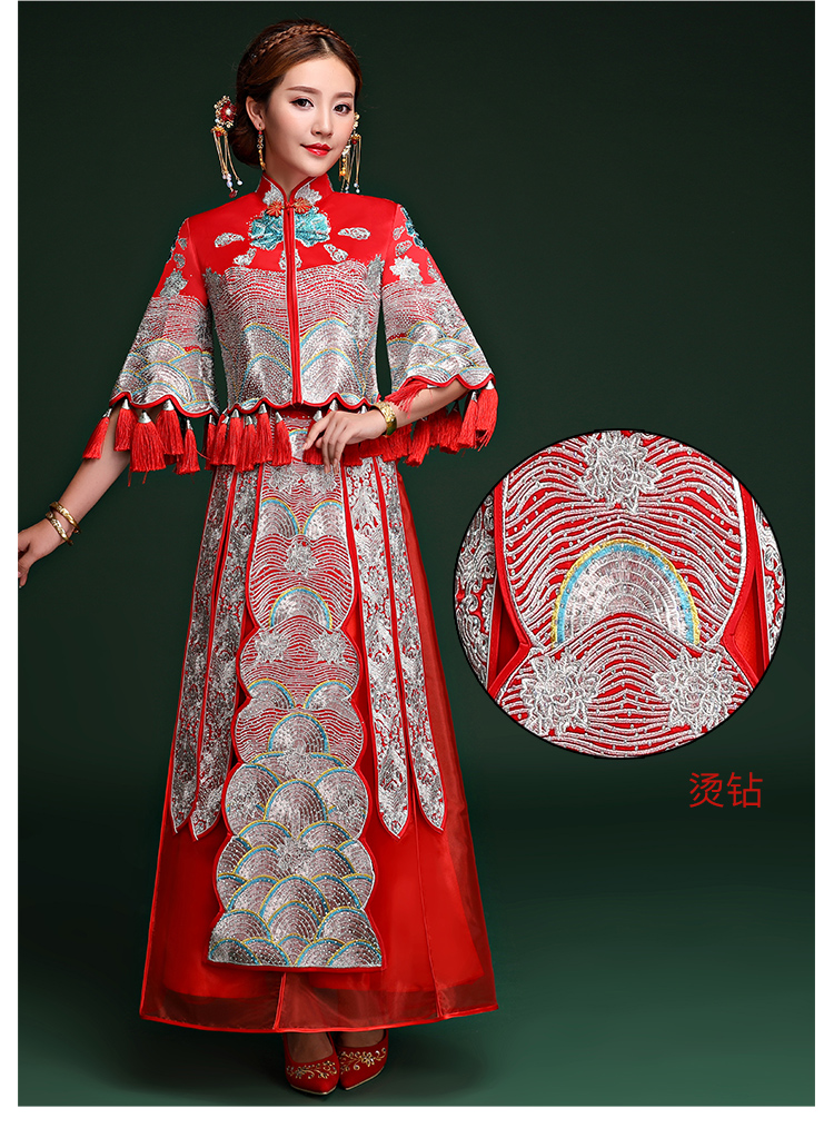 復(fù)古典雅中式禮服，袖波浪紋新娘結(jié)婚禮服