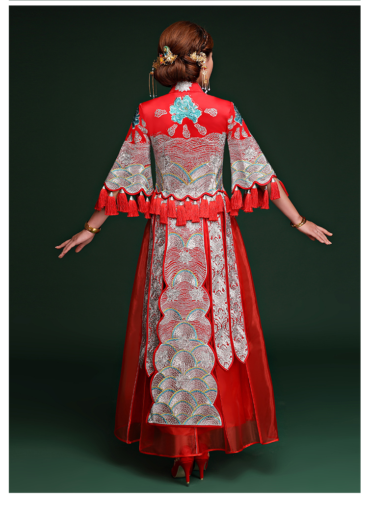 復(fù)古典雅中式禮服，袖波浪紋新娘結(jié)婚禮服