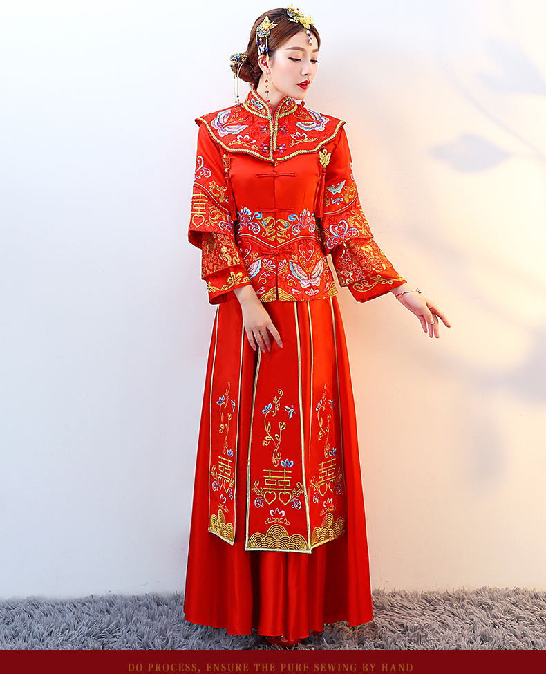 紅色復(fù)古典雅中式禮服，新娘結(jié)婚禮服