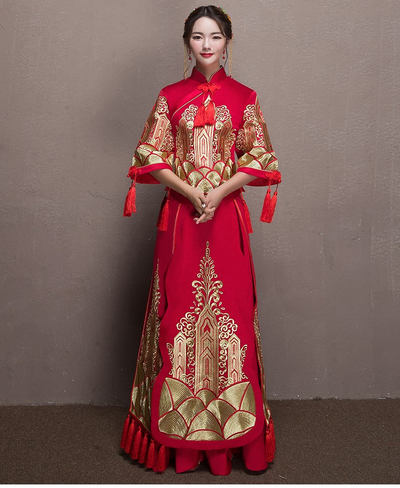金絲刺繡中式禮服，唯美家佳樂文學(xué)新娘禮服