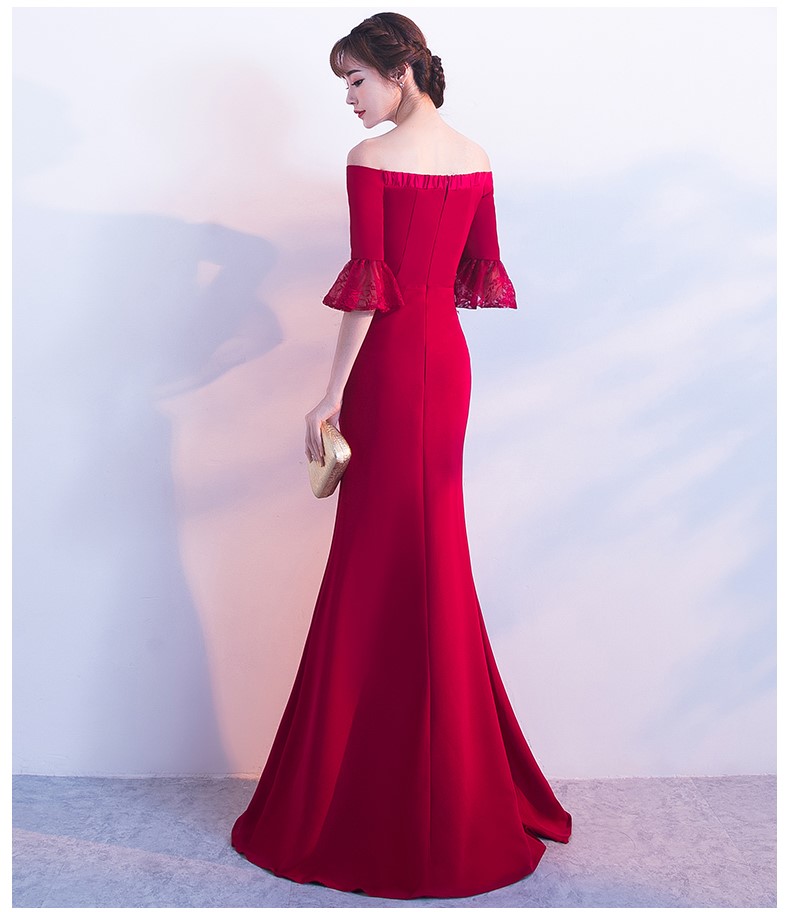 一字肩開叉中式禮服，甜美蕾絲袖口晚禮服