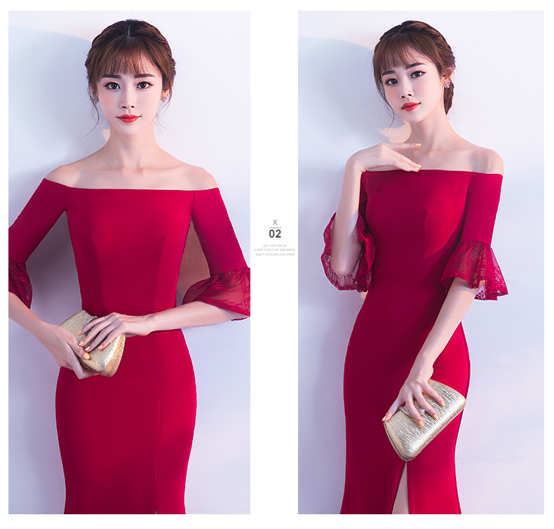 一字肩開叉中式禮服，甜美蕾絲袖口晚禮服