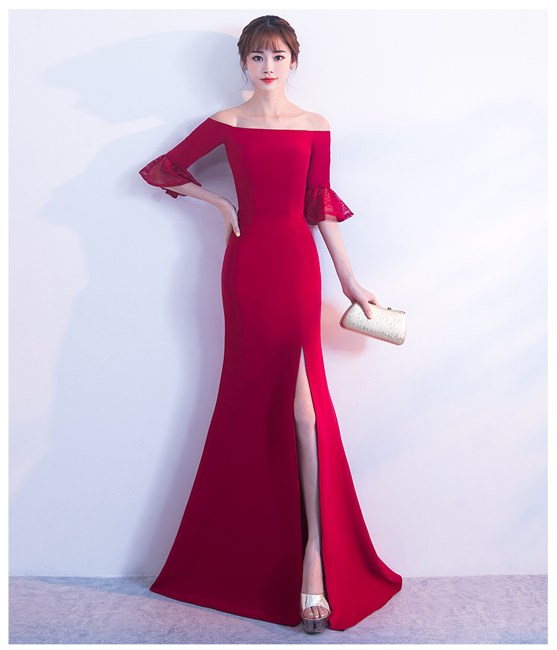 一字肩開叉中式禮服，甜美蕾絲袖口晚禮服