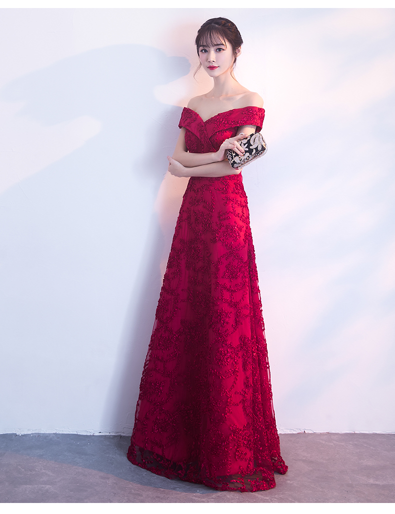 一字肩中式禮服，甜美蕾絲花晚禮服