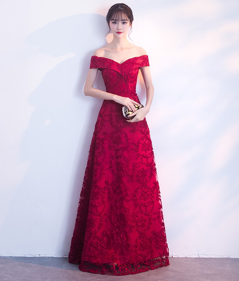 一字肩中式禮服，甜美蕾絲花晚禮服