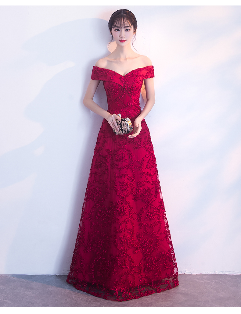 一字肩中式禮服，甜美蕾絲花晚禮服