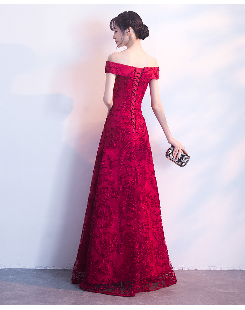一字肩中式禮服，甜美蕾絲花晚禮服