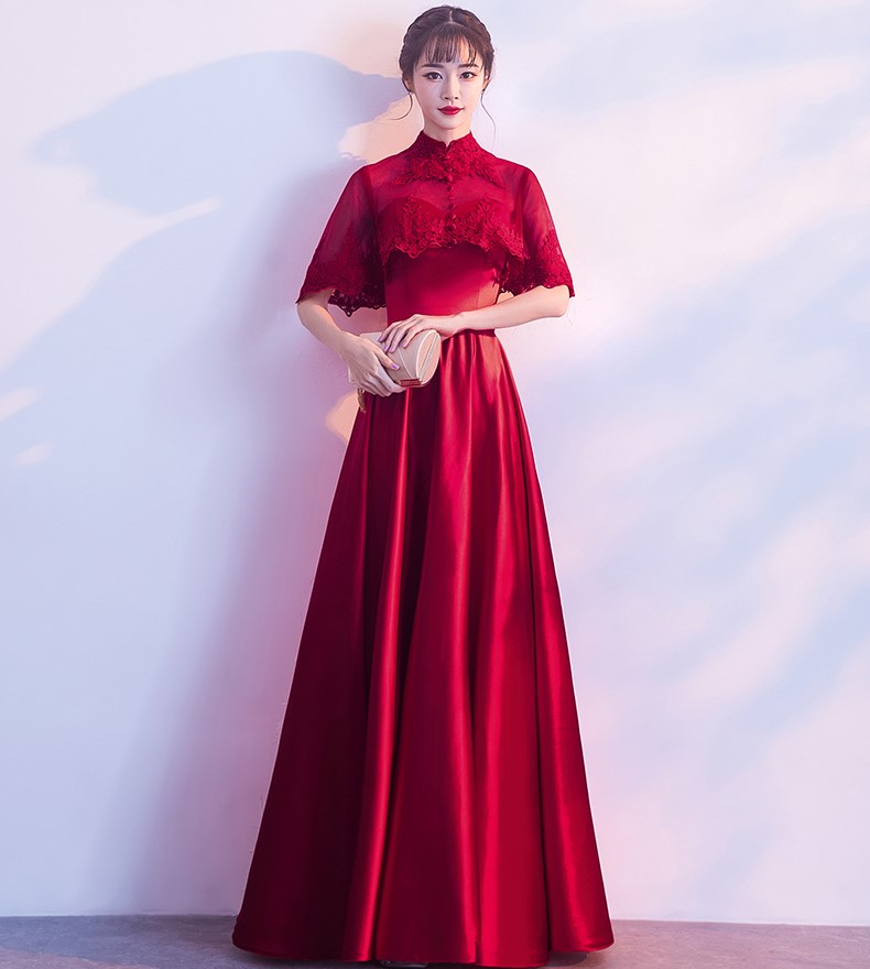 蕾絲披肩中式禮服，甜美家佳樂(lè)文學(xué)晚禮服