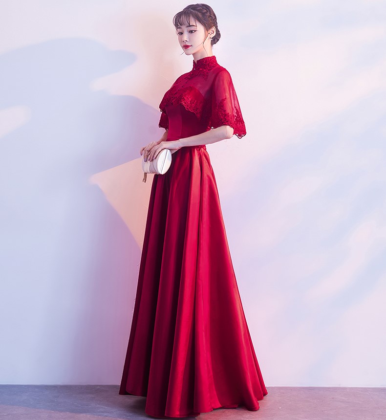 蕾絲披肩中式禮服，甜美家佳樂(lè)文學(xué)晚禮服