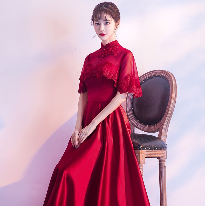 蕾絲披肩中式禮服，甜美家佳樂(lè)文學(xué)晚禮服