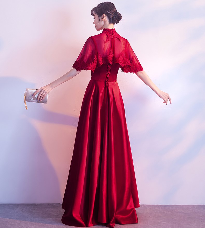 蕾絲披肩中式禮服，甜美家佳樂(lè)文學(xué)晚禮服