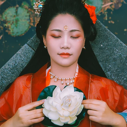 蓮池邊帶紅傘紅衣女生頭像，唯美古風真人頭像