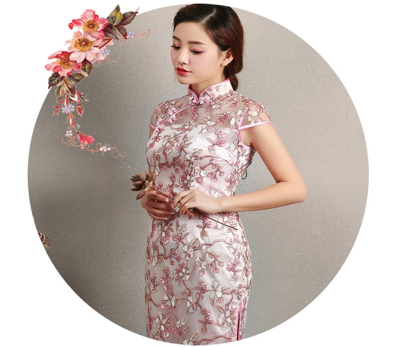 粉色繡花旗袍，蕾絲短款旗袍裙