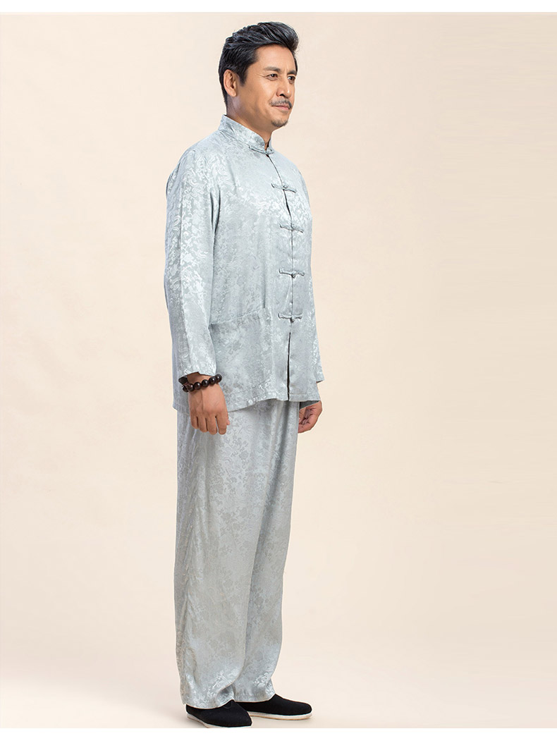 手工盤扣提花面料蠶絲套裝男士唐裝