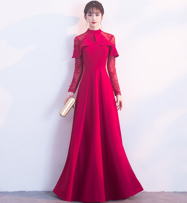 紅色長款中式禮服，荷葉邊氣質晚禮服裙