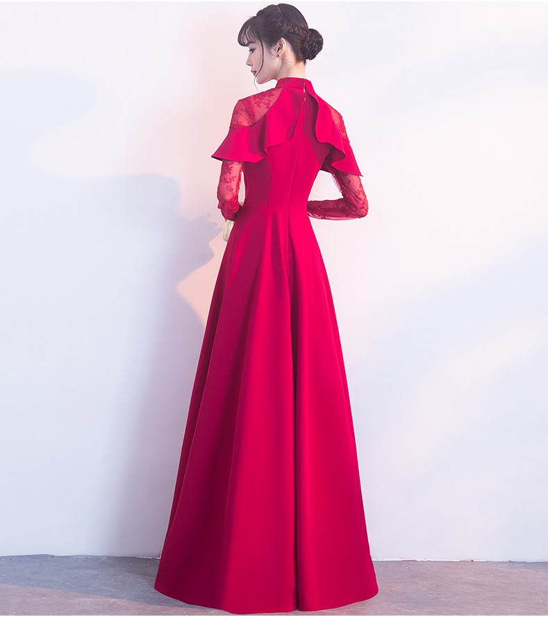 紅色長款中式禮服，荷葉邊氣質晚禮服裙