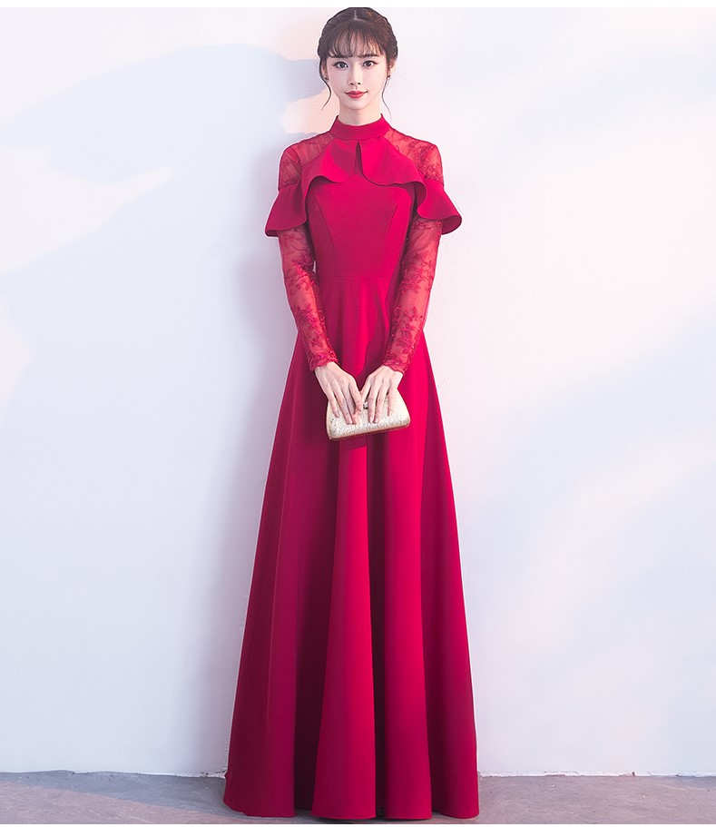 紅色長款中式禮服，荷葉邊氣質晚禮服裙