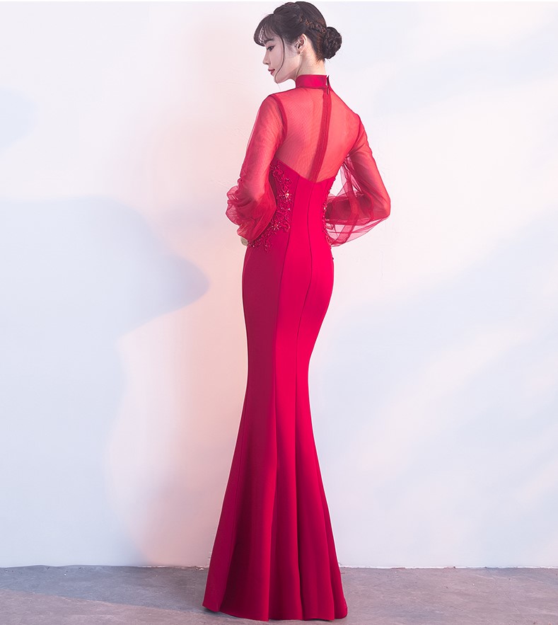 時尚魚尾中式禮服，半透燈籠袖氣質(zhì)晚禮服