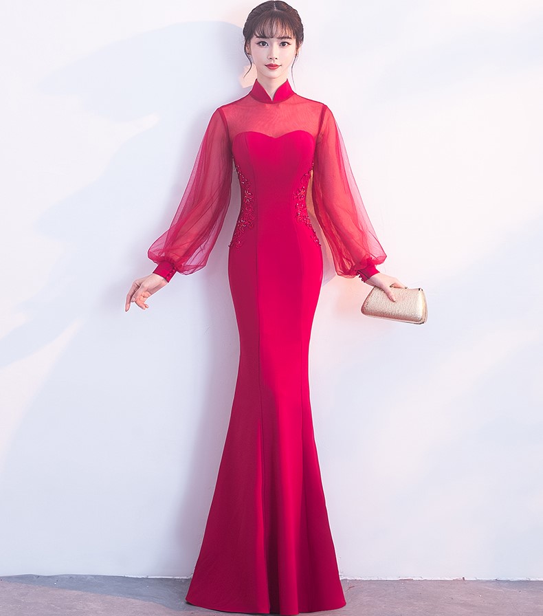 時尚魚尾中式禮服，半透燈籠袖氣質(zhì)晚禮服