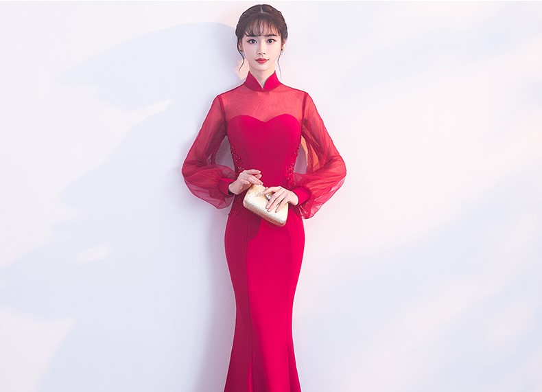 時尚魚尾中式禮服，半透燈籠袖氣質(zhì)晚禮服