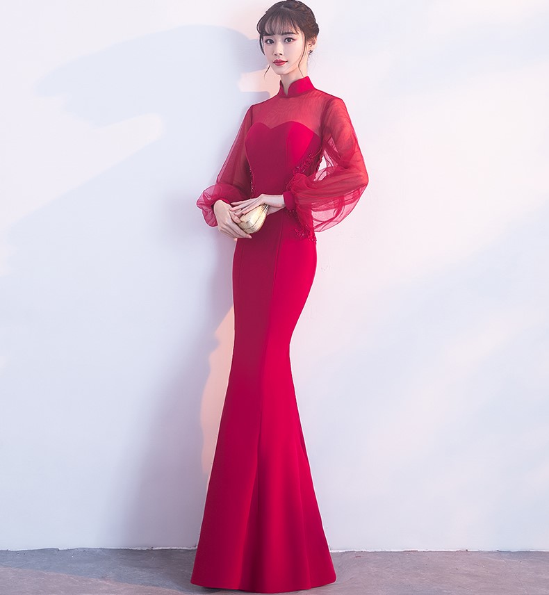 時尚魚尾中式禮服，半透燈籠袖氣質(zhì)晚禮服