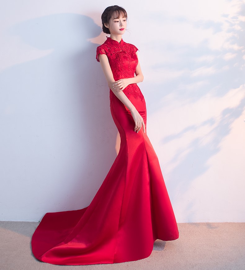 時(shí)尚魚尾拖尾中式禮服，蕾絲氣質(zhì)晚禮服