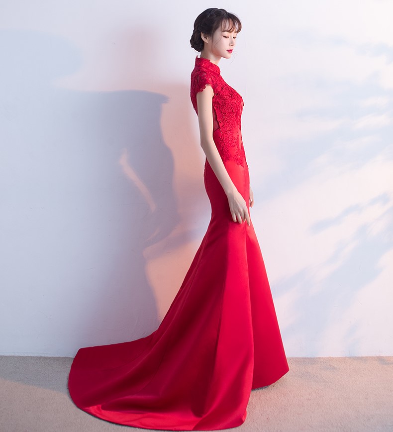 時(shí)尚魚尾拖尾中式禮服，蕾絲氣質(zhì)晚禮服