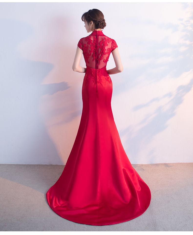 時(shí)尚魚尾拖尾中式禮服，蕾絲氣質(zhì)晚禮服