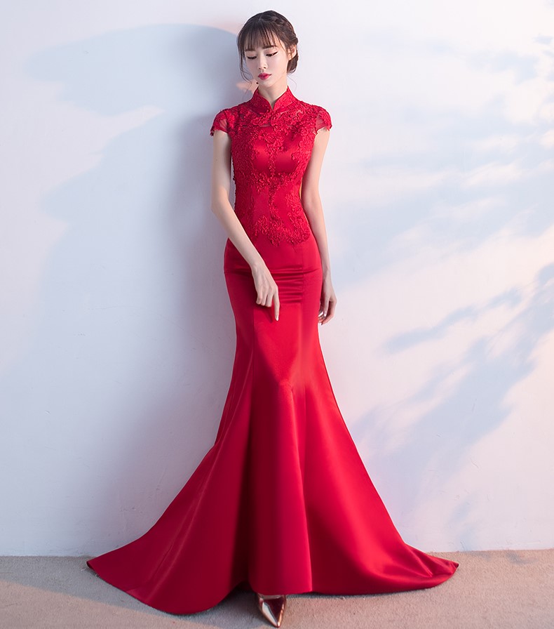 時(shí)尚魚尾拖尾中式禮服，蕾絲氣質(zhì)晚禮服