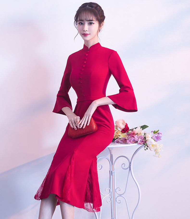 復(fù)古魚尾中式禮服，氣質(zhì)修身晚禮服